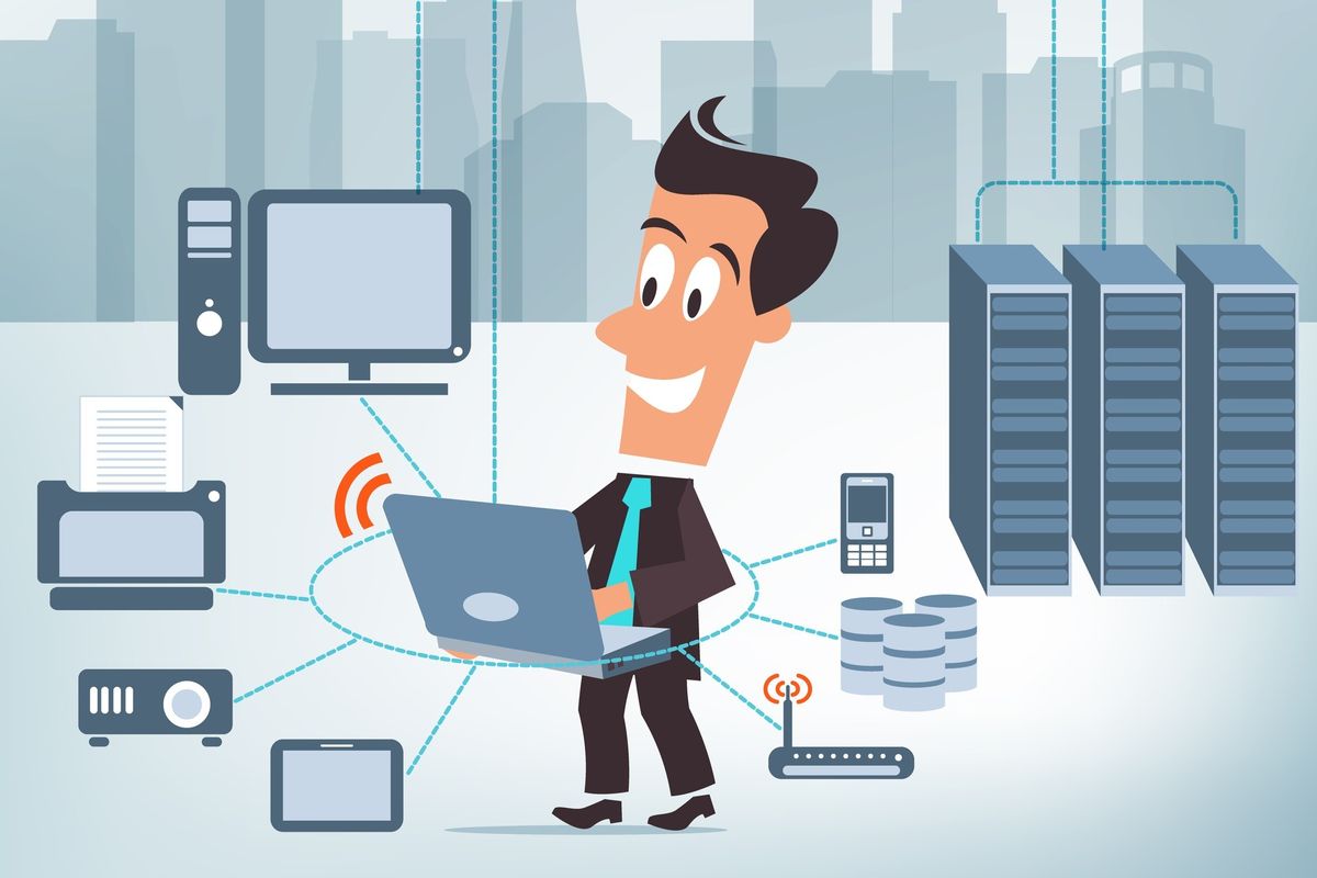 an illustration of a man in an office on a laptop connected to many machines and devices.