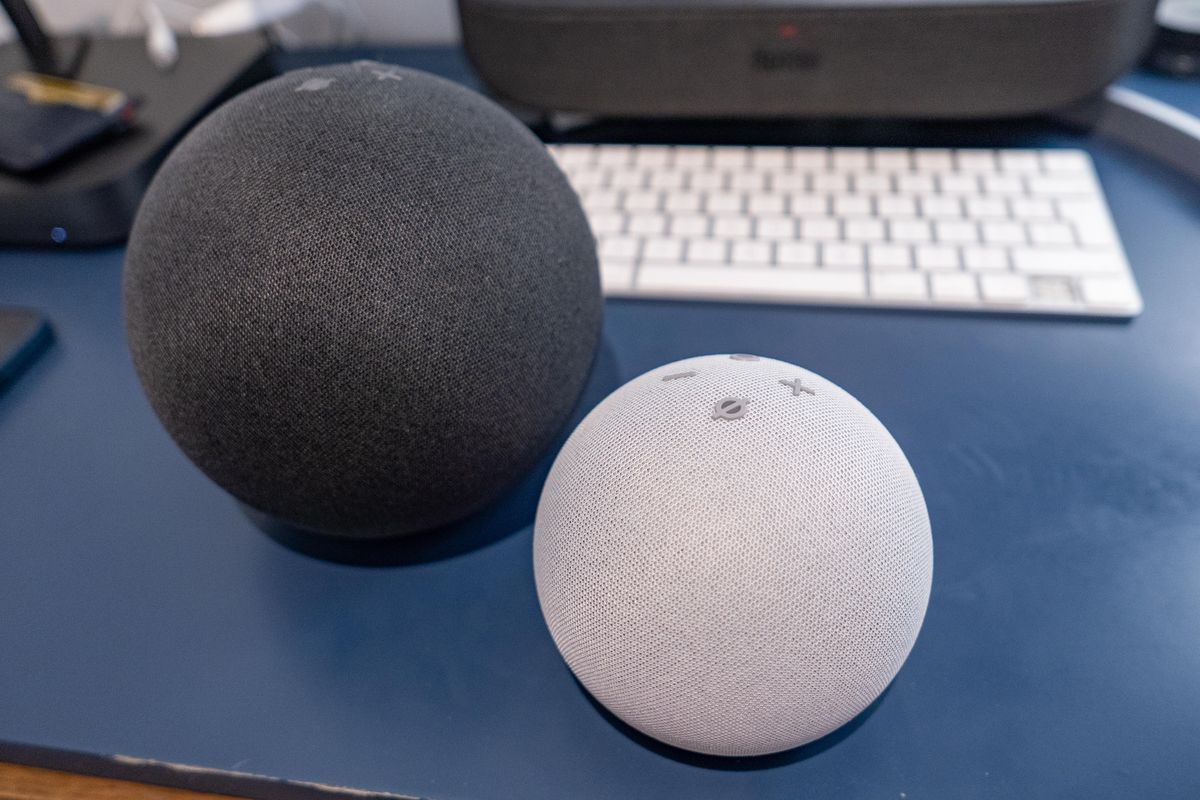 The Amazon Echo Dot (right) and Echo (left) photo