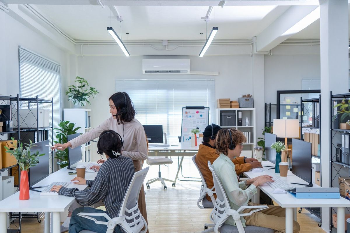 Call center team meeting before working stock photo