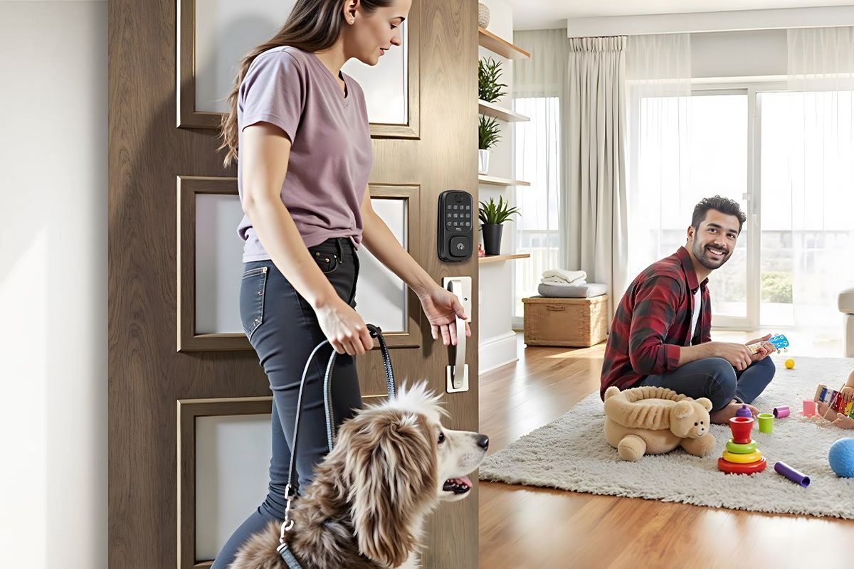 photo of a woman walking into a room with her dog and TCL smart lock on the door.